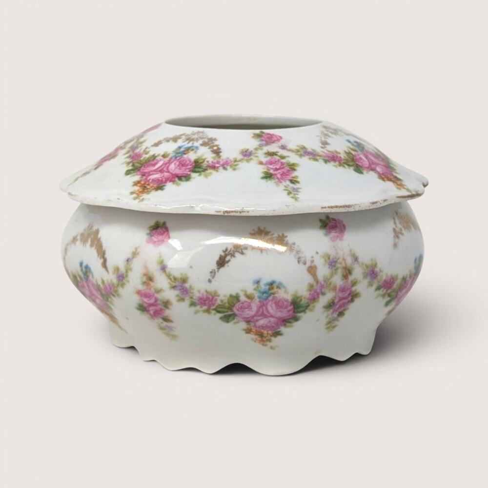 Antique M.Z. Austria Porcelain Hair Receiver with Pink Floral Swags
